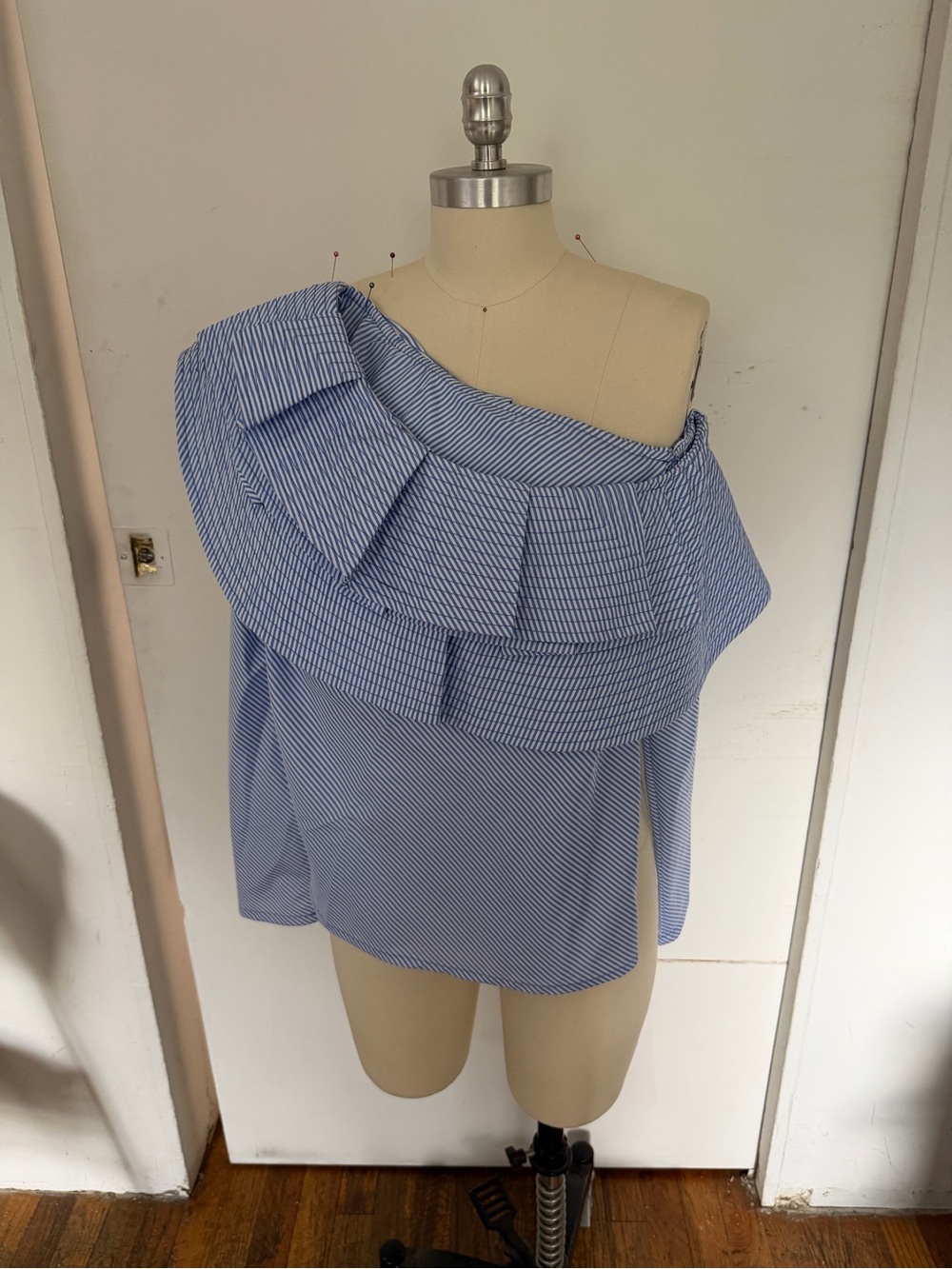 Blue Striped Off-Shoulder Ruffle Women's Long Sleeve Top